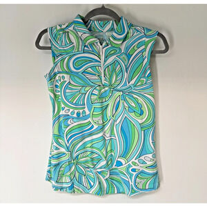 Icikuls Sporty Golf Shirt Women S Blue Green Abstract Floral 1/4 Zip Performance